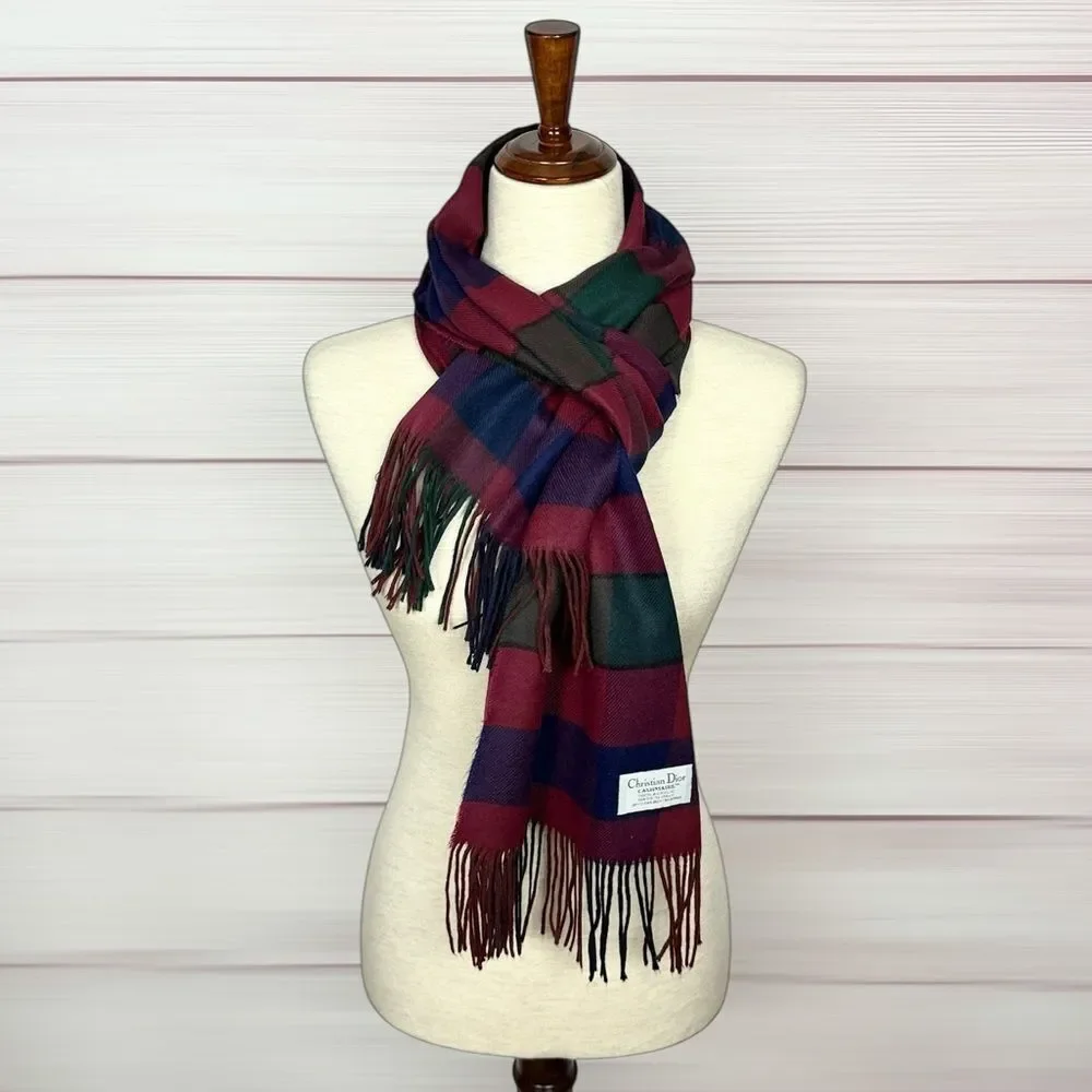 Christian Dior Cashmaire Scarf 100% Acrylic Made in Italy Plaid Fringe Vtg 80s